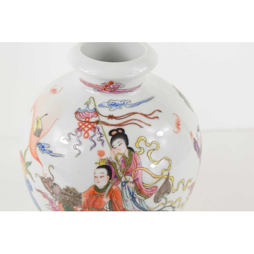 303 - A Chinese porcelain vase, depicting figures and mythical animal, character mark to the base, 21cm hi... 