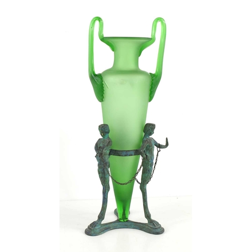 44 - An Art Deco style frosted green Uranium glass vase of twin handled amphora form held in a bronze sta... 