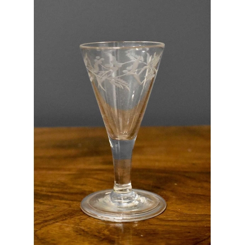 89 - Two Georgian wine glasses, one of conical form with engraved decoration surrounding the rim, plain s... 