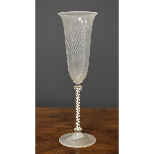 79 - An unusual Edwardian Champagne flute in the 18th century manner, with milk glass twisted bowl, knopp... 