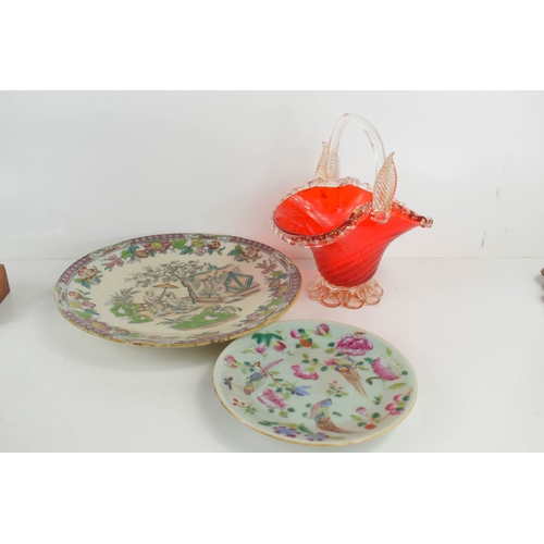 293A - A Murano red glass basket, circa 1900, together with a Famille Rose Chinese dish, and Victorian plat... 