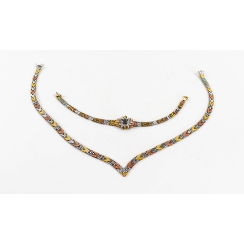 51a - A tri-colour herringbone necklace marked 9 Italy, together with similar bracelet marked 925, the flo... 