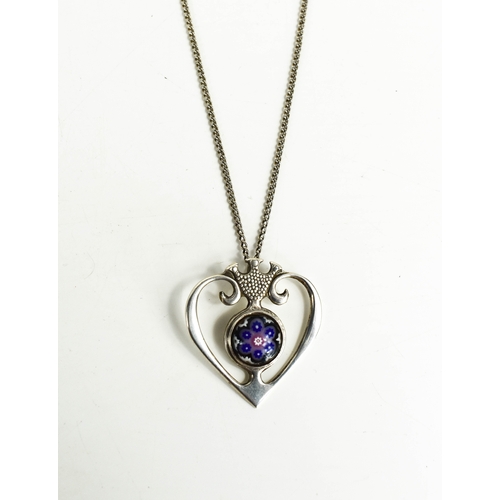 78a - A Caithness silver and millefiori glass cabochon set pendant necklace, in the form of a heart with t... 