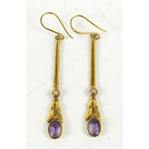 105 - A pair of 9ct gold, amethyst and seed pearl drop earrings, each 4.5cm from suspended loop, on shephe... 
