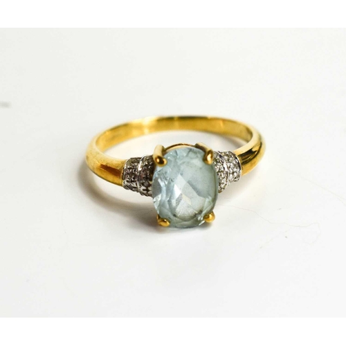 106 - A 9ct gold, aquamarine and diamond ring, the oval aquamarine of approximately 8.8 by 6.8mm with diam... 