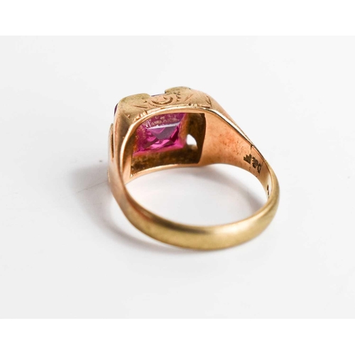 109 - A 9ct gold and pink sapphire Masons ring, size M, 4.62g.