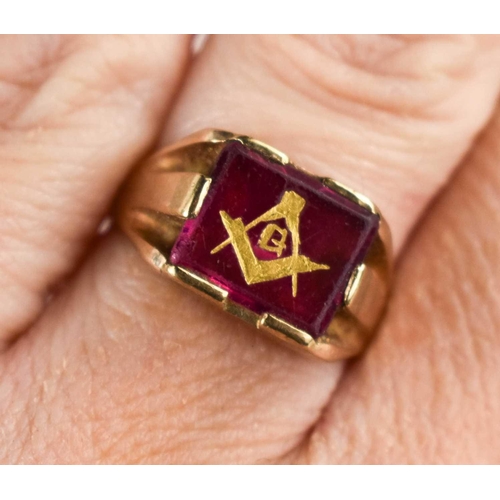 109 - A 9ct gold and pink sapphire Masons ring, size M, 4.62g.