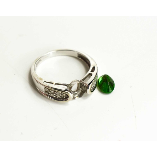 114 - A white 9ct gold, tsavorite and diamond ring, size N, 2.5g.