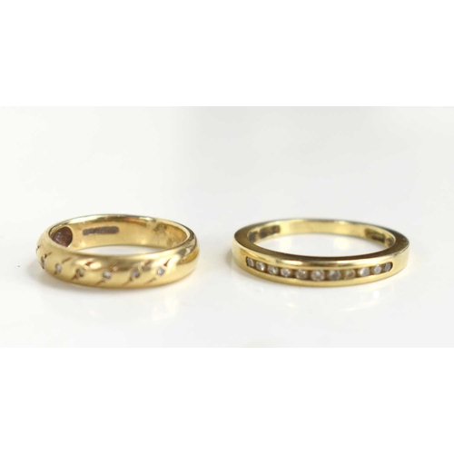 119 - A 9ct gold millennium marked ring, set with seven diamond brilliants, size H, 2.4g and a 9ct gold ha... 