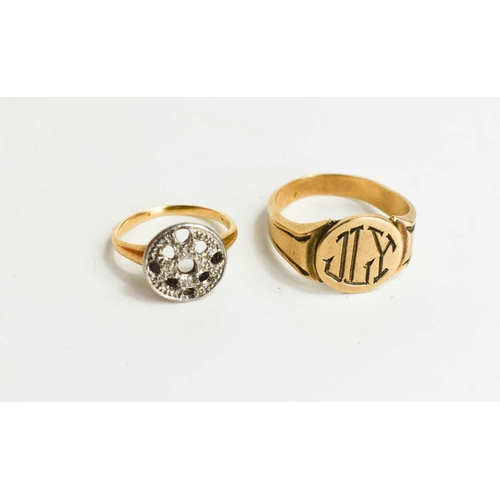 157 - A 10kt gold signed ring, engraved with initials JLY, size L/M, 4.15g, together with a 14kt gold ring... 