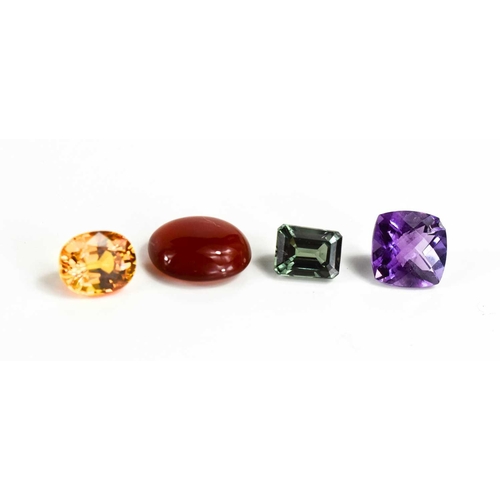 168 - Four loose gemstones: citrine, amethyst, green tourmaline and a cabochon carnelian, 16cts in total.