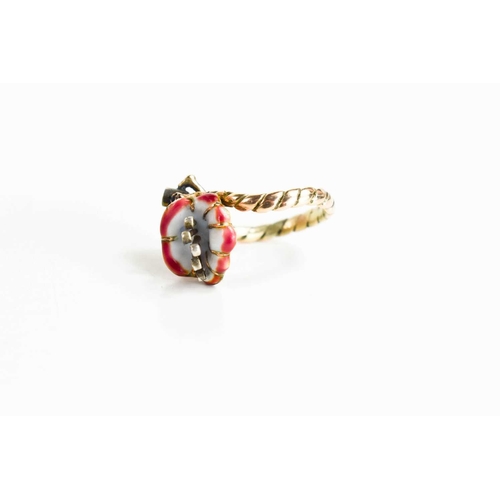 2 - A gold, enamel and diamond ring in the form of a lily, enamelled in red and white, the stamen inset ... 
