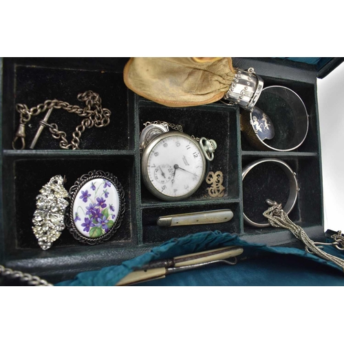 231 - A group of silver and costume jewellery including two silver bangles, a metamorphic paste brooch and... 