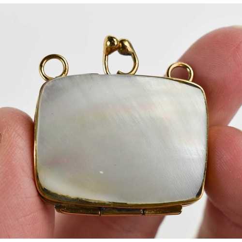 25 - A gold and mother of pearl miniature purse / trinket box, unmarked but testing as at least 9ct gold,... 