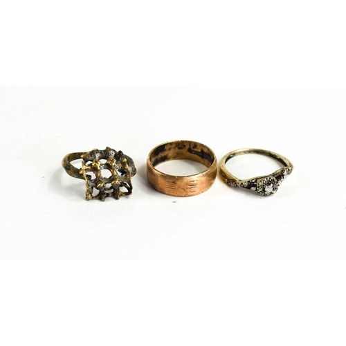 251 - Three various gold rings, comprising an 18ct white gold and diamond ring, unmarked but testing as at... 