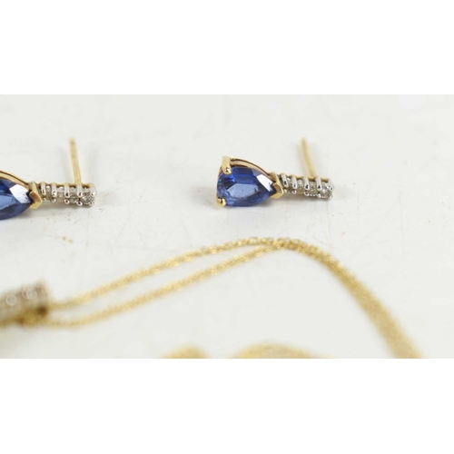 259 - A pair of 9ct gold, sapphire and diamond drop earrings and matching pendant, each with four graduate... 