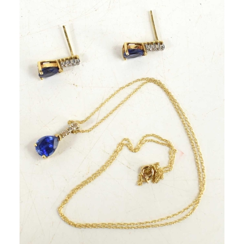 259 - A pair of 9ct gold, sapphire and diamond drop earrings and matching pendant, each with four graduate... 