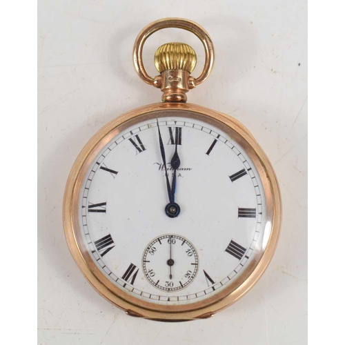 285 - A 9ct gold cased Waltham pocket watch, the watch having a white enamel dial with Roman numerals and ... 