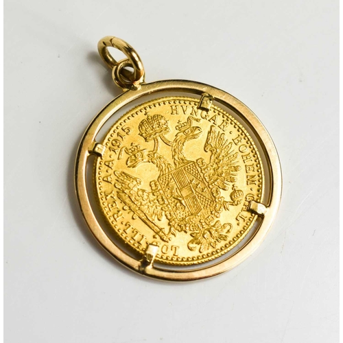 305 - An Austro Hungarian 1915 Ducat, mounted in 14ct gold pendant mount, total weight 5.4g.