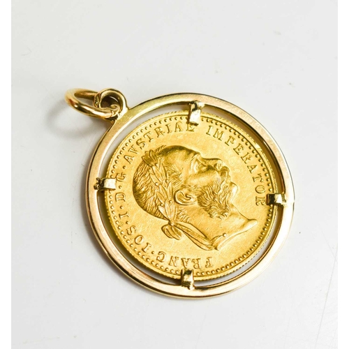 305 - An Austro Hungarian 1915 Ducat, mounted in 14ct gold pendant mount, total weight 5.4g.