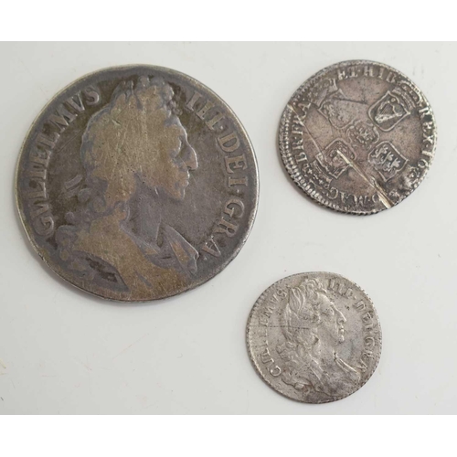 327 - Three William III silver coins comprising of a full crown dated 1696 and a shilling and sixpence.