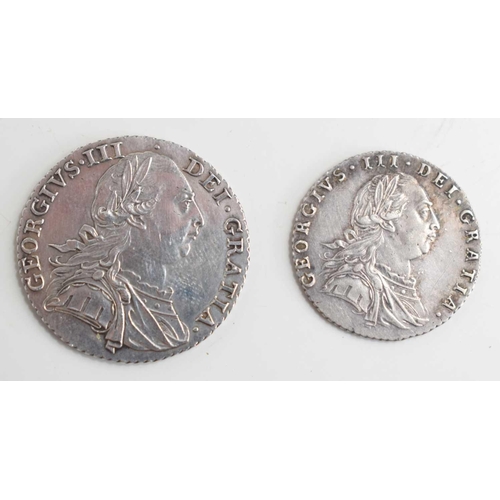 331 - Two George III silver coins, comprising of a shilling and sixpence, both dated 1787.