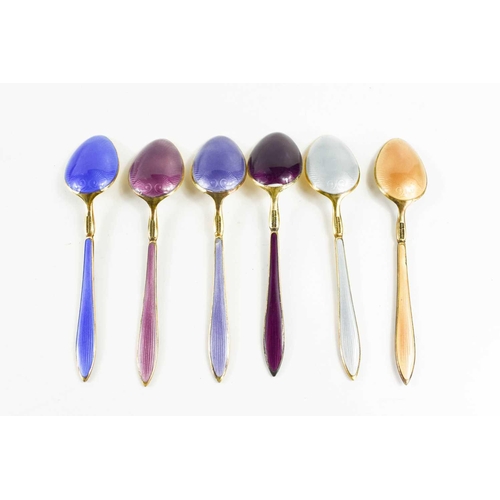 348 - A set of six David Andersen silver gilt and enamel teaspoons. the spoons each with a different colou... 