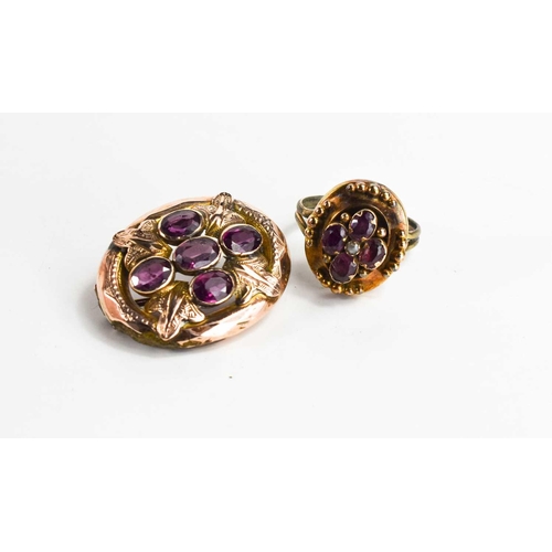 38 - A rose gold (unmarked) and amethyst oval brooch / pendant, together with a similar ring, size L/M, 6... 