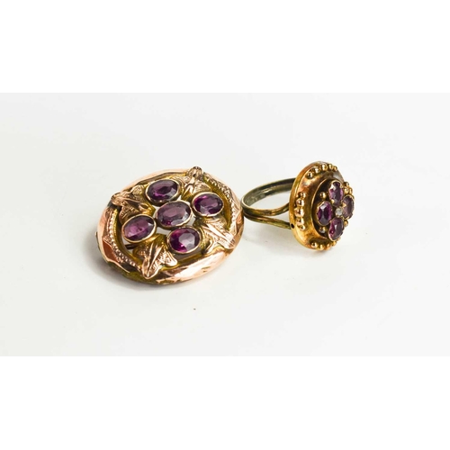 38 - A rose gold (unmarked) and amethyst oval brooch / pendant, together with a similar ring, size L/M, 6... 