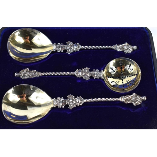 385 - A set of late Victorian dessert serving spoons in the Elizabethan Renaissance style, having silver g... 