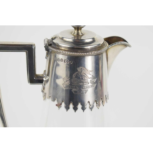 397 - A Victorian glass and silver claret jug, hallmarked Sheffield 1870, Charles Farvell & Co.