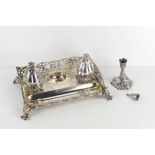 408 - A fine 19th century silver desk stand with a pierced shaped gallery standing on scrolling feet with ... 