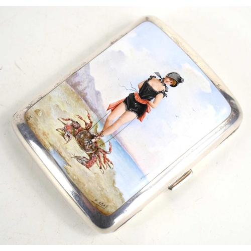 409 - A Victorian silver and enamel erotic cigarette case by George Heath of London, 1889, with gilt inter... 