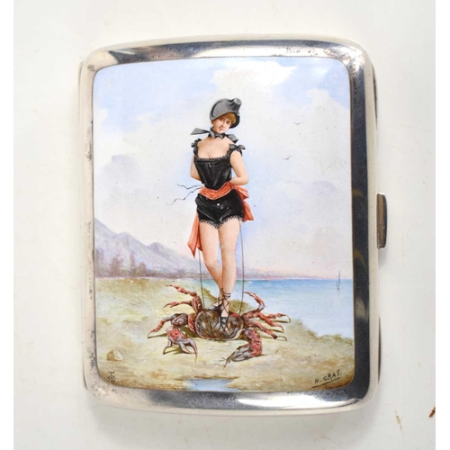 409 - A Victorian silver and enamel erotic cigarette case by George Heath of London, 1889, with gilt inter... 