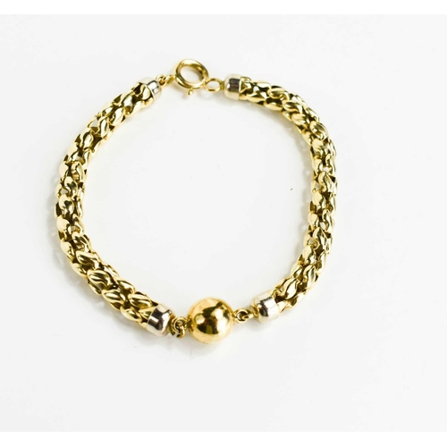 49 - A 9ct gold bracelet of braided or pierced interlink form, with central suspended ball, 21cm long, 9.... 
