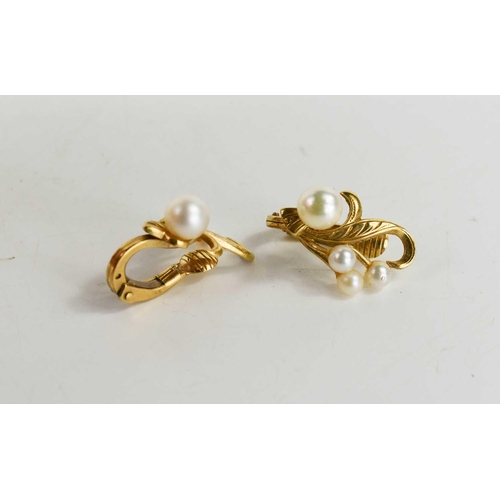 58 - A pair of 9ct gold and pearl earrings, of foliate form, engraved with decoration, 4.46g.