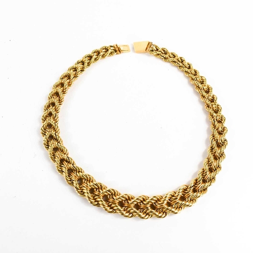 66 - A 14k gold double ropetwist necklace, graduated style, with slide clasp, 47g, 39cm long.