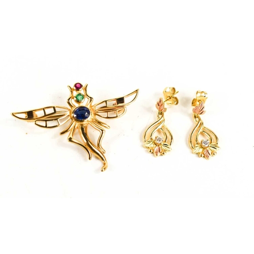 7 - A 9ct gold, sapphire, ruby and emerald brooch in the form of a dragonfly, and a pair of 9ct gold and... 