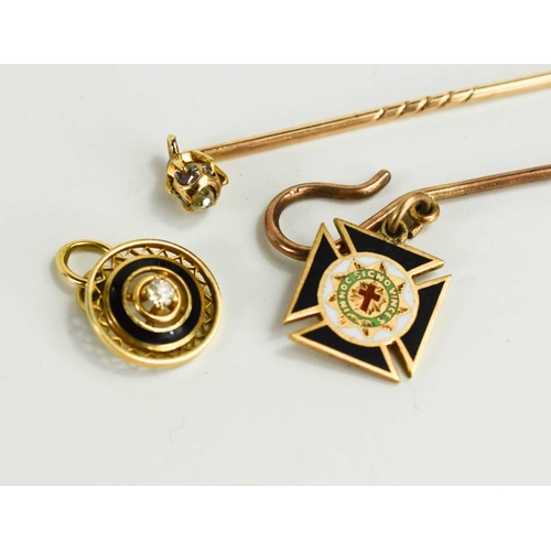 71 - A 14k gold, diamond and enamel pendant, a gold and old cut diamond set hat pin (unmarked but testing... 
