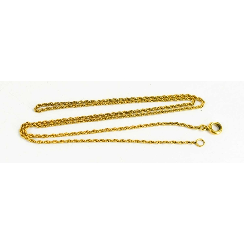72 - A gold ropetwist necklace, with circular clasp, unmarked but testing as at least 9ct gold, 2.2g.
