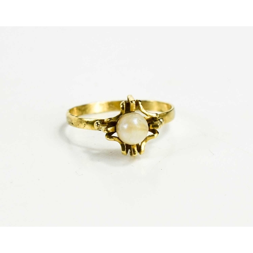89 - A pearl set ring, unmarked but testing as at least 18ct, size I, 1.7g. Pearl somewhat abraided, ring... 
