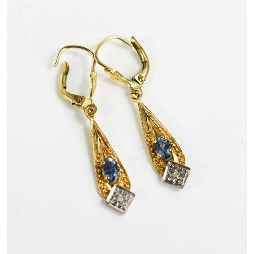 96 - A pair of 9ct gold pale sapphire and diamond drop earrings, marked 325, 2.55g.