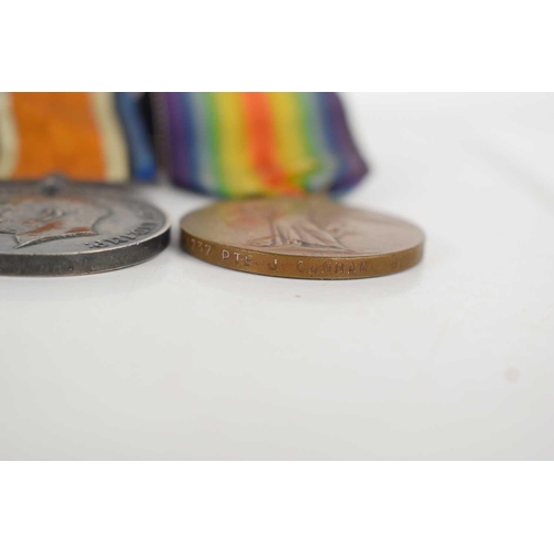 16 - A group of two WWI medals awarded to PTE J. Canham, Bedf.R. number 19737, comprising the Victory Med... 