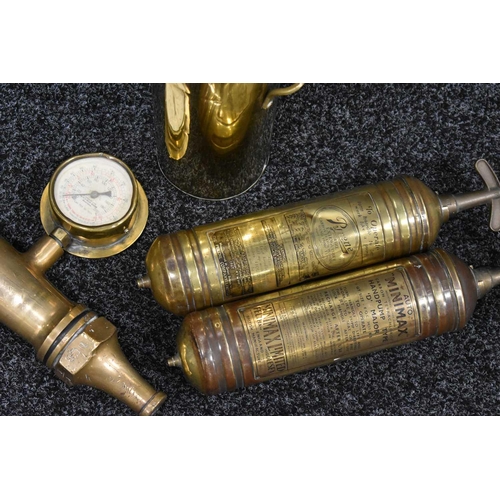 204 - Two brass travelling fire extinguishers: Auto Minimax Handpump Type D Major, dated 1969, and Pyrene ... 