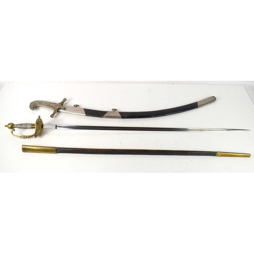 27 - An Ottoman sabre and scabbard together with a French type court sword with brass and leather scabbar... 