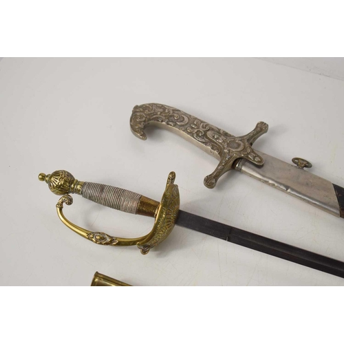 27 - An Ottoman sabre and scabbard together with a French type court sword with brass and leather scabbar... 