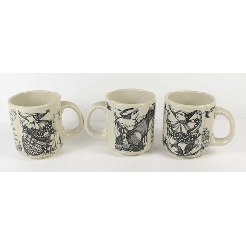 294 - A group of four Rosenthal Studio Line pottery mugs, each with black and white decoration with charac... 