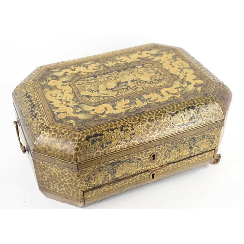 331 - A 19th century Chinese lacquer workbox, of rectangular form with canted corners, the black ground wi... 