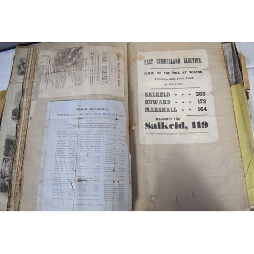 363 - A Victorian scrapbook having newspaper cutouts, election posters, envelopes, advertising leaflets, I... 