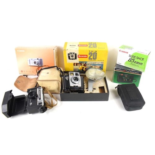 376 - A group of vintage cameras to include a boxed Hanimex 35H, Canon Sure Shot 85 zoom, Kodak Brownie Tw... 